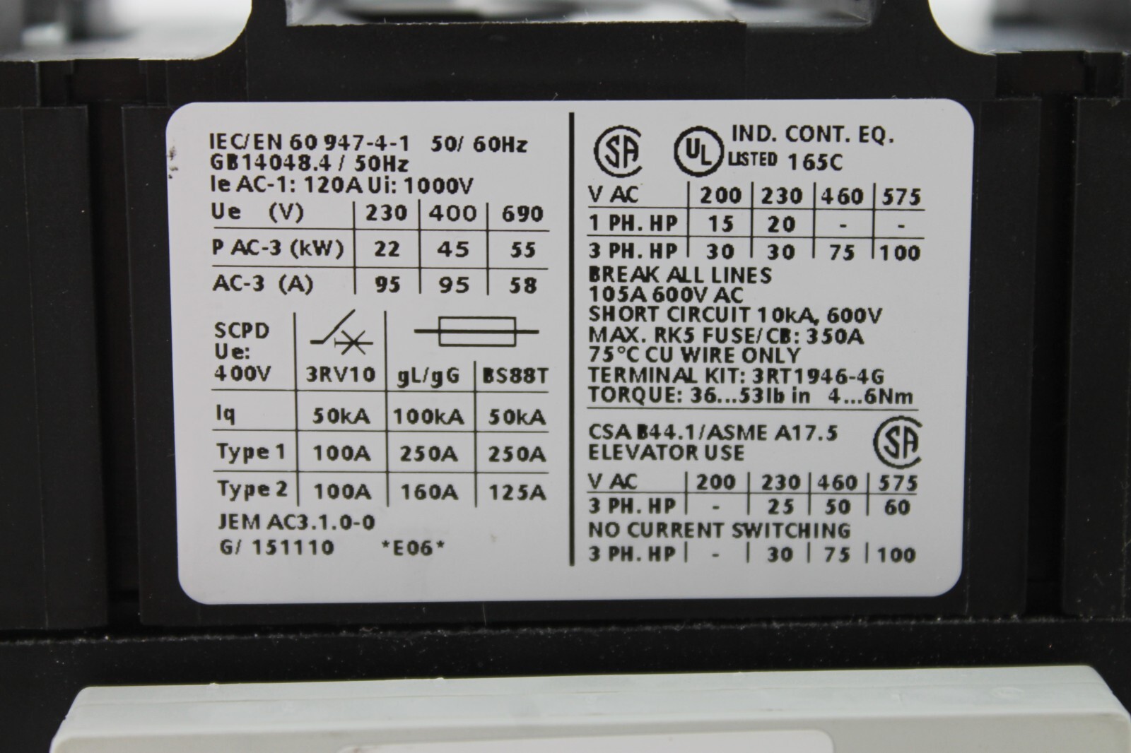 Siemens 3RT1046-1AV60 Contactor + 3RH1921-1EA11 Auxiliary