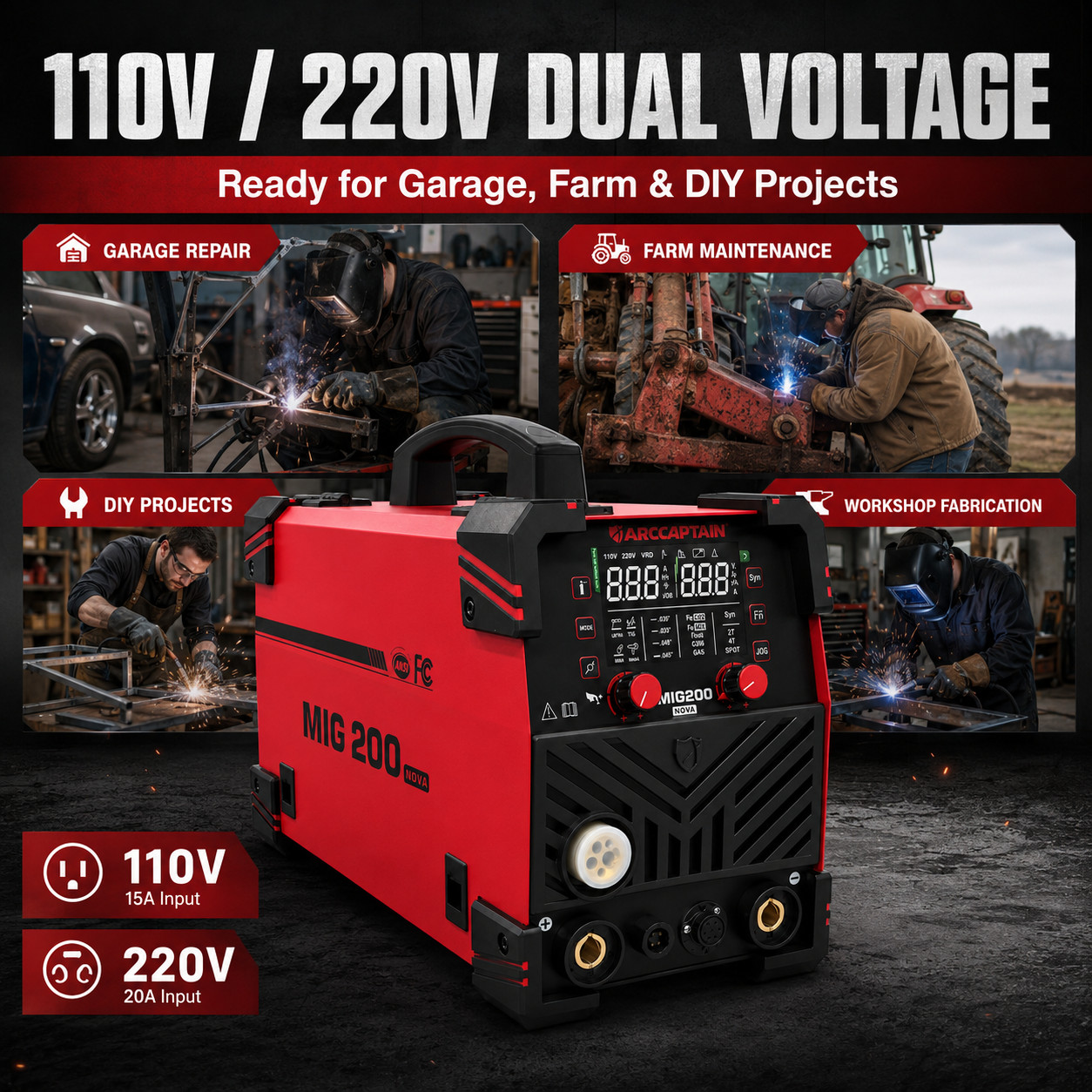 ARCCAPTAIN MIG200NOVA MIG Welder 6 in 1 Gas/Gasless MIG/Stick/Lift TIG Aluminum