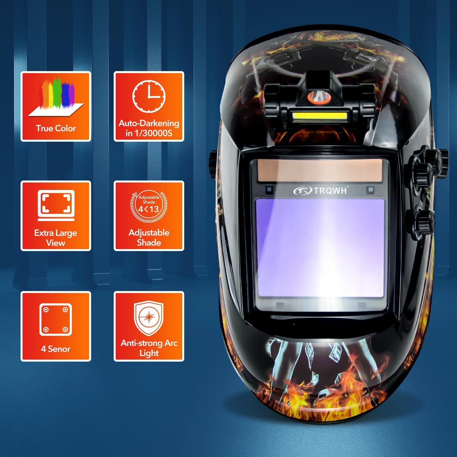True Color Auto Darkening Welding Helmet w/ LED Light, Large View, 4 Arc Sensors
