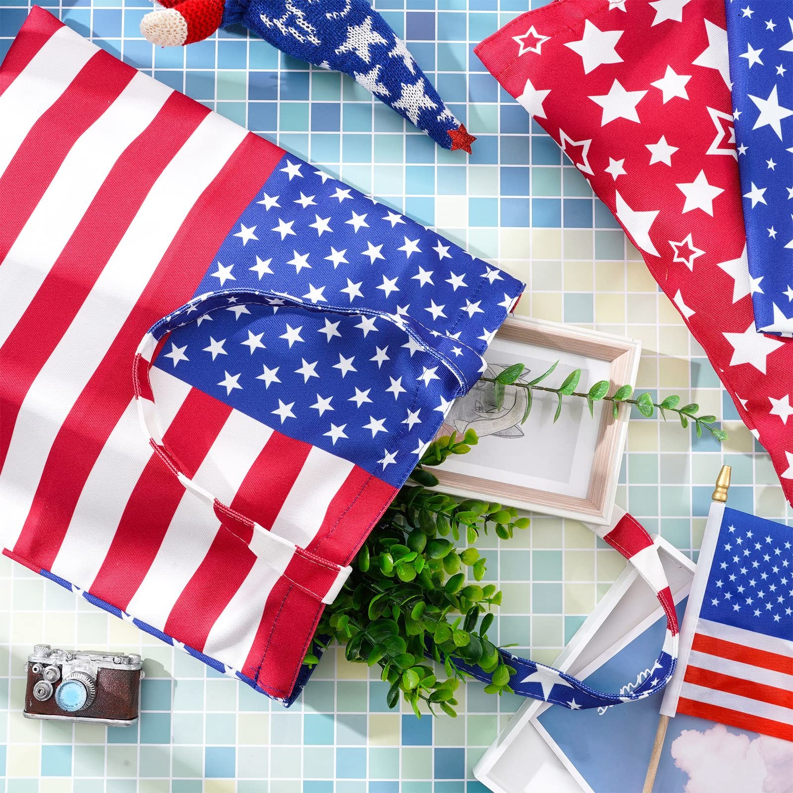 3Pcs Patriotic Canvas Tote Bags Red Blue Star American Flag Grocery Shopping Bag