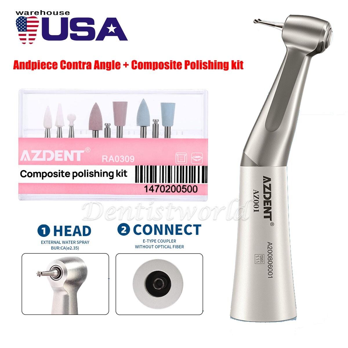 Dental Low Speed Contra Angle 1:1 Handpiece +9Pc Composite Polishing kit RA 0309