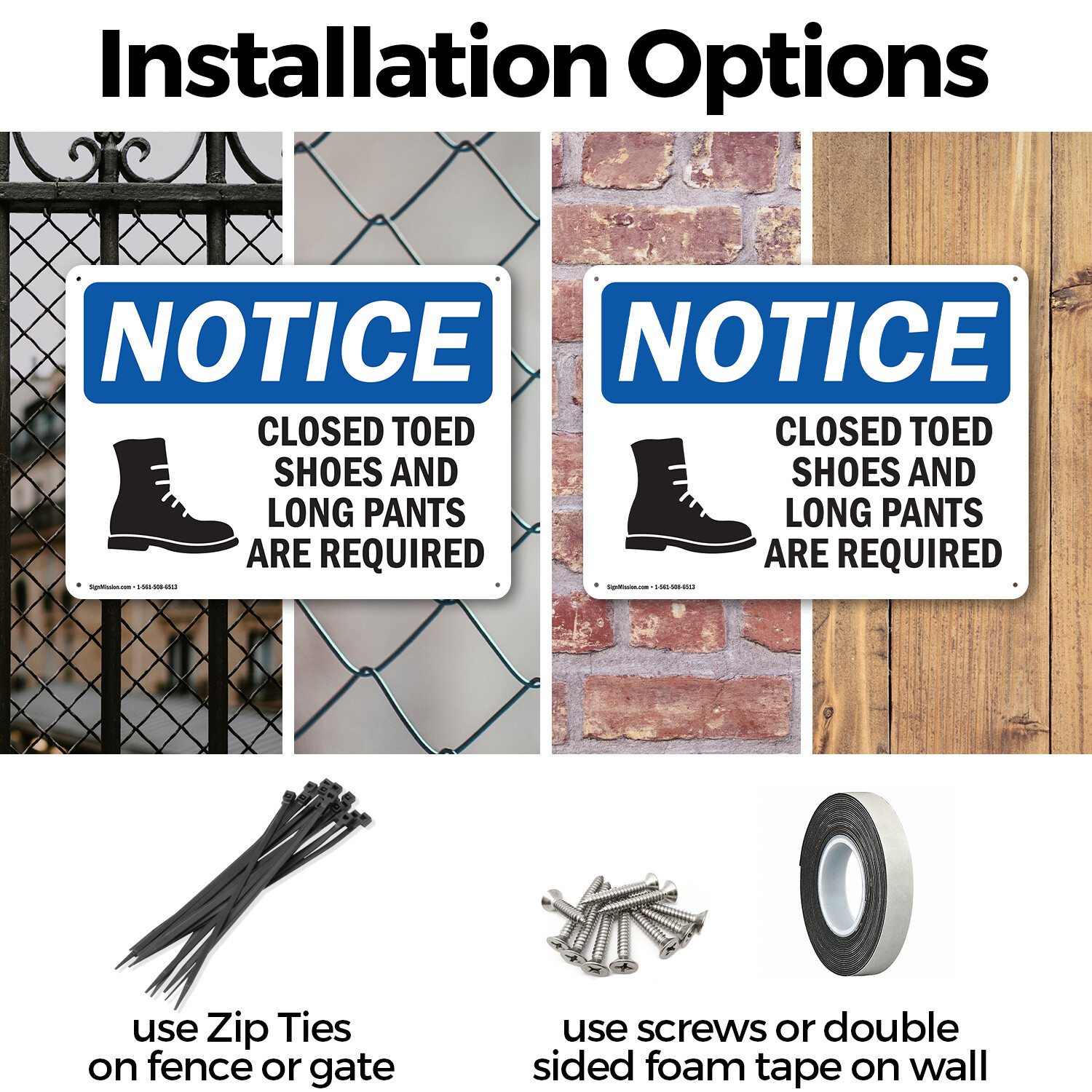 (2 Pack) Closed Toed Shoes And Long Pants OSHA Notice Sign Decal Metal Plastic
