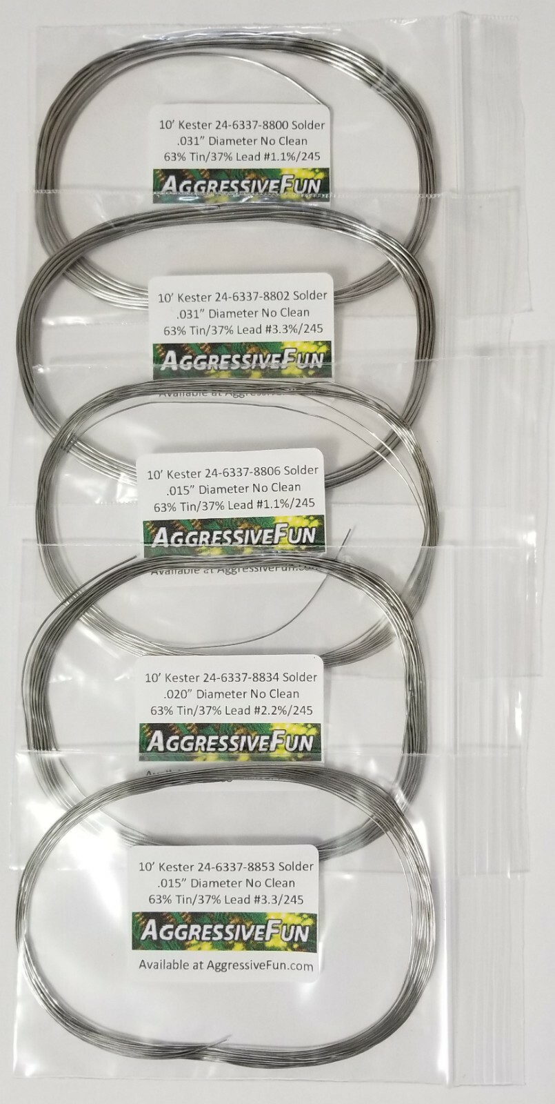 Kester No Clean Core Solder Assortment 63/37 5 Types .015″ to .031″ & 1.1%to3.3%