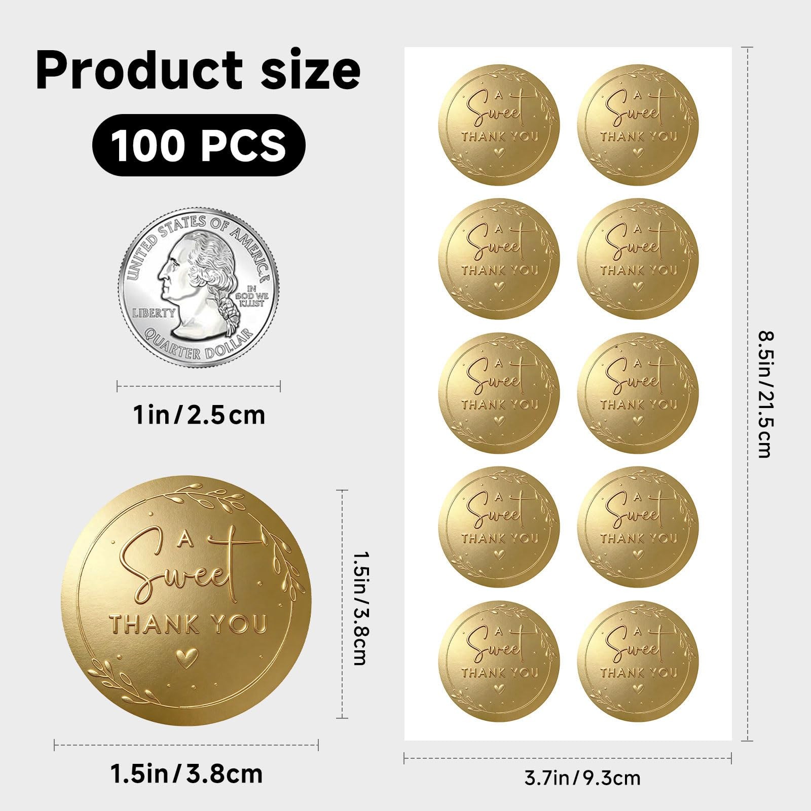 100 x A Sweet Thank You Embossed Sticker Labels Wedding Party Shower Gold