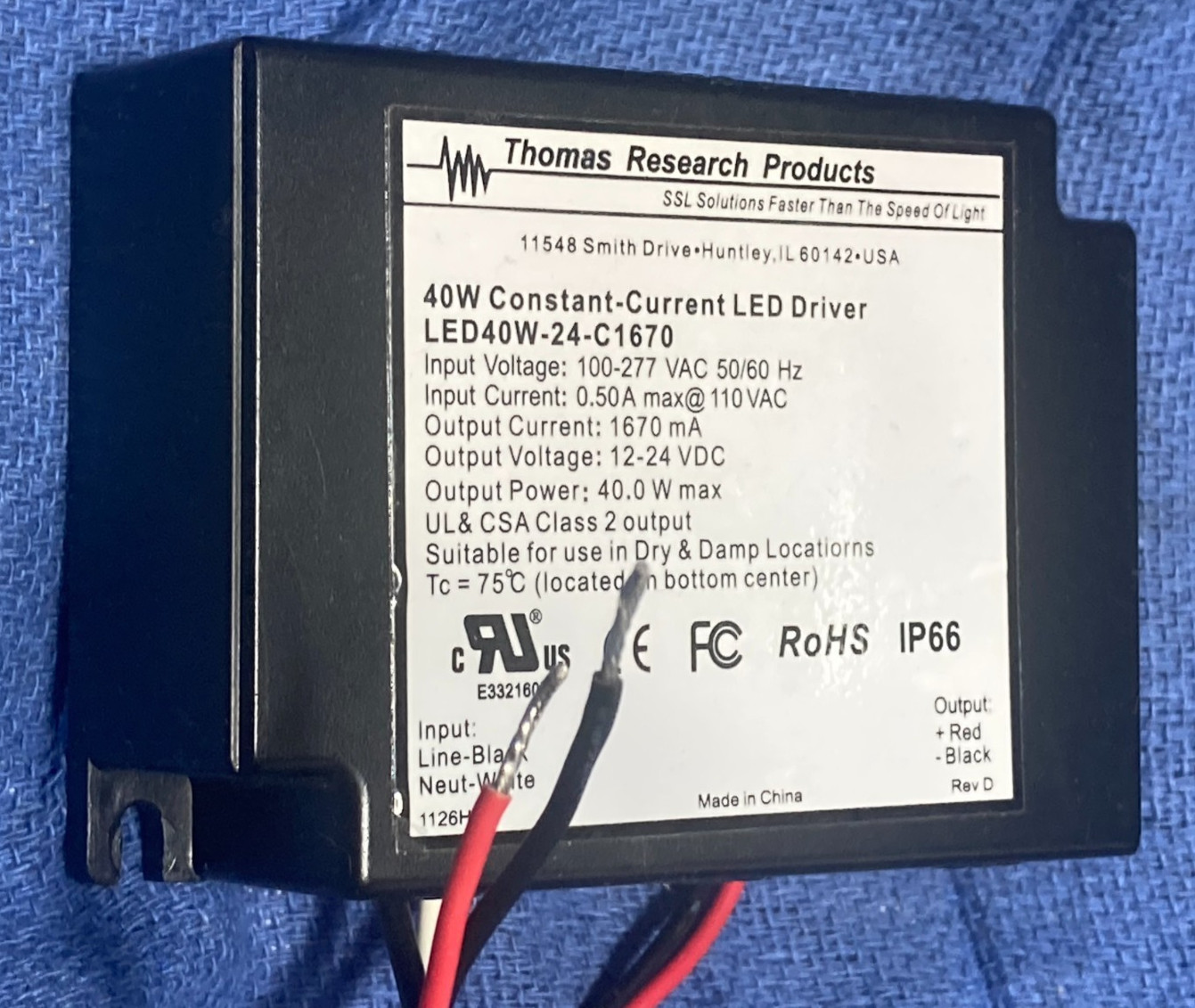 THOMAS RESEARCH LED40W-24-C1670 CONSTANT-CURRENT LED DRIVER, 40W, 12-24VDC