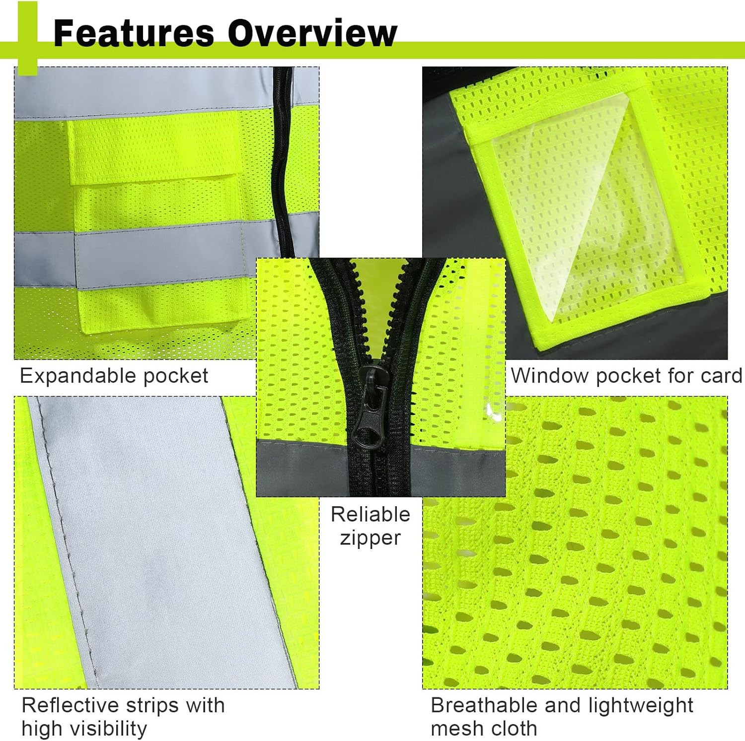 Jenpen 10 Pieces Reflective Safety Vests with Pockets and Zipper, High Visibilit