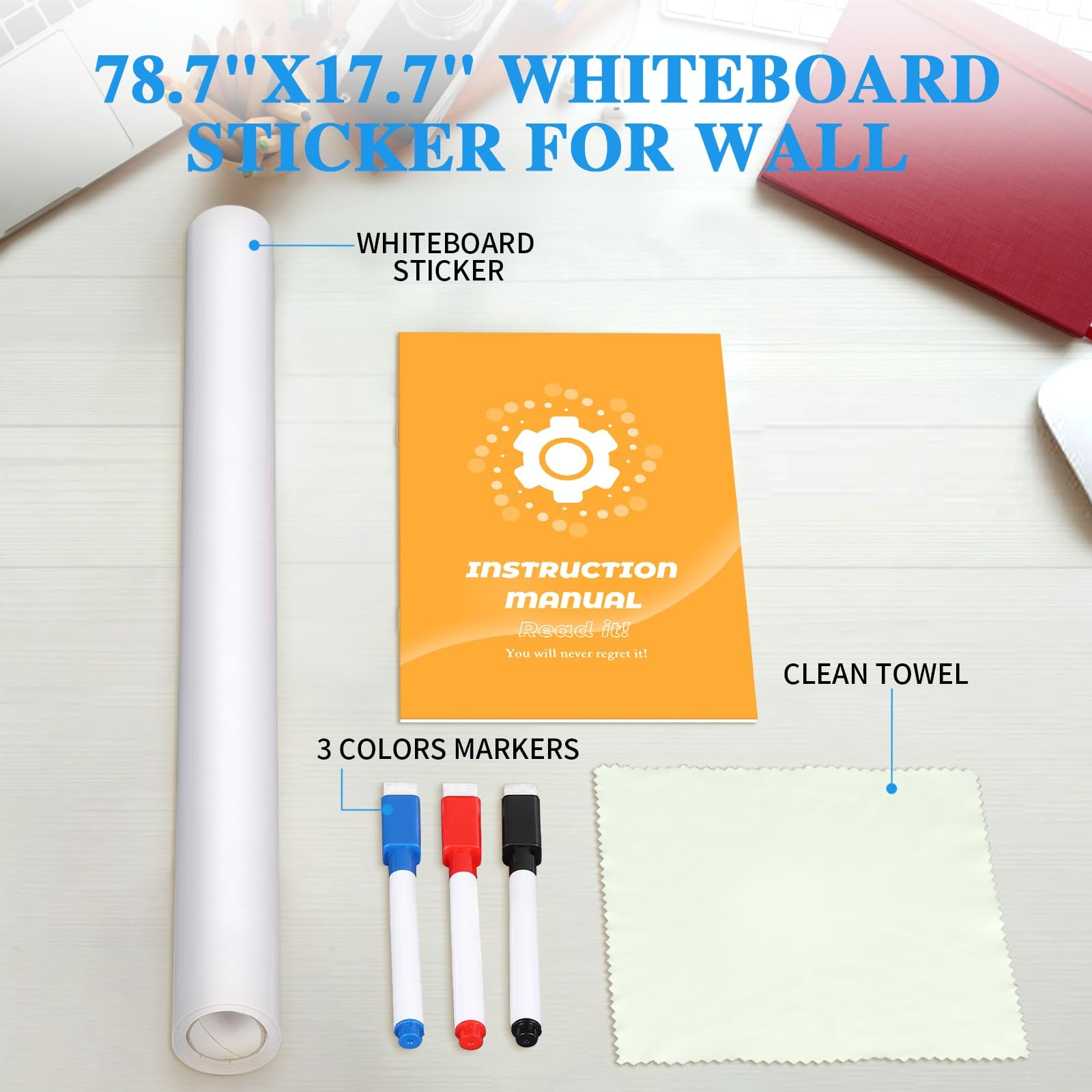 ZNCMRR 78.7″x17.7″ Whiteboard Sticker for Wall 79″W x 17.7″H,