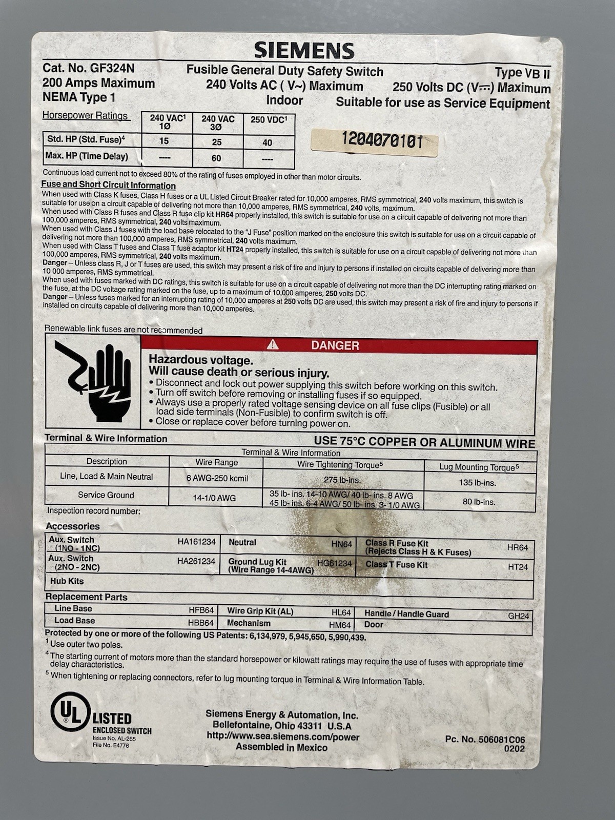 Siemens GF324N 200A Fusible General Duty Safety Switch, 240V, 3PH