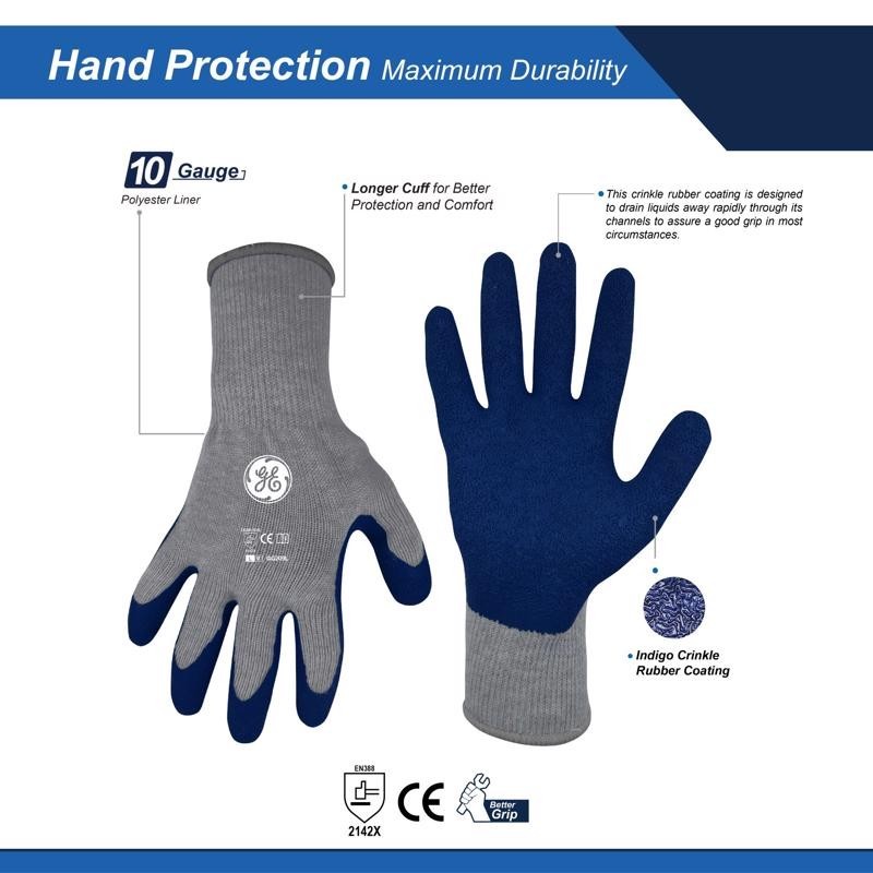 General Electric Unisex Crinkle Dipped Gloves Blue/Gray LARGE 2 PAIRS