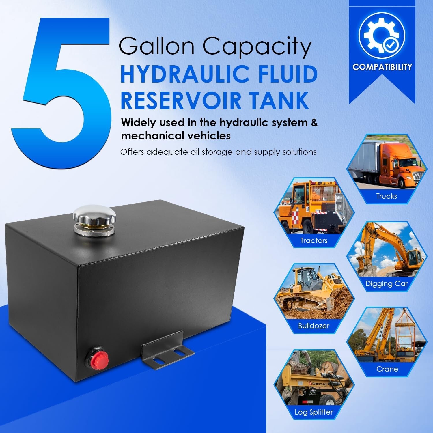 5 Gallon Hydraulic Fluid Reservoir Tank, Inlet 1-1/2″ & Outlet 3/4″ FNPT Port