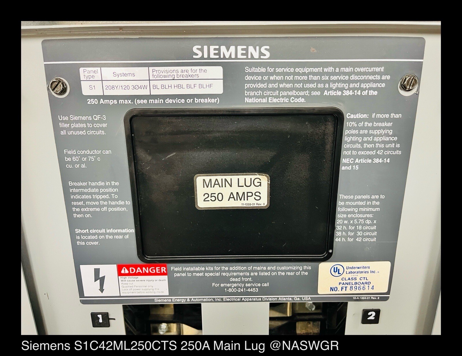 S1C42ML25CTS ~ Siemens S1C42ML25CTS 250A S1 Main Lug Panel 208Y/120V 3P/4W