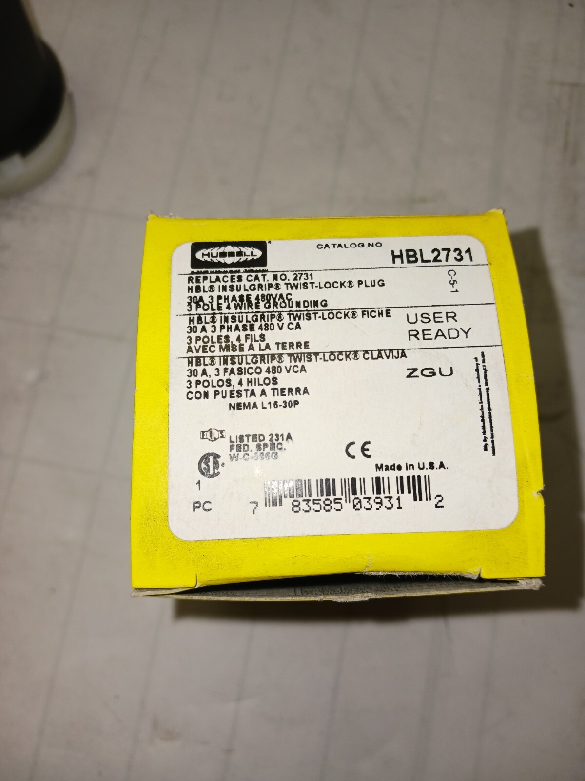 NEW HUBBELL TWIST LOCK 30 AMP PLUG END 480 VAC 3P 4W GROUNDING HBL2731