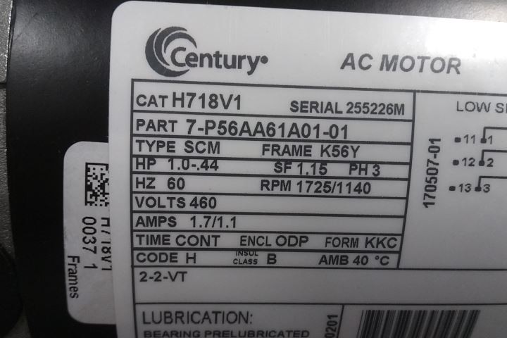 Century H718V1 1/2 HP; 1 HP 1725/1140 RPM 460VAC 3-Phase Belt Drive Motor