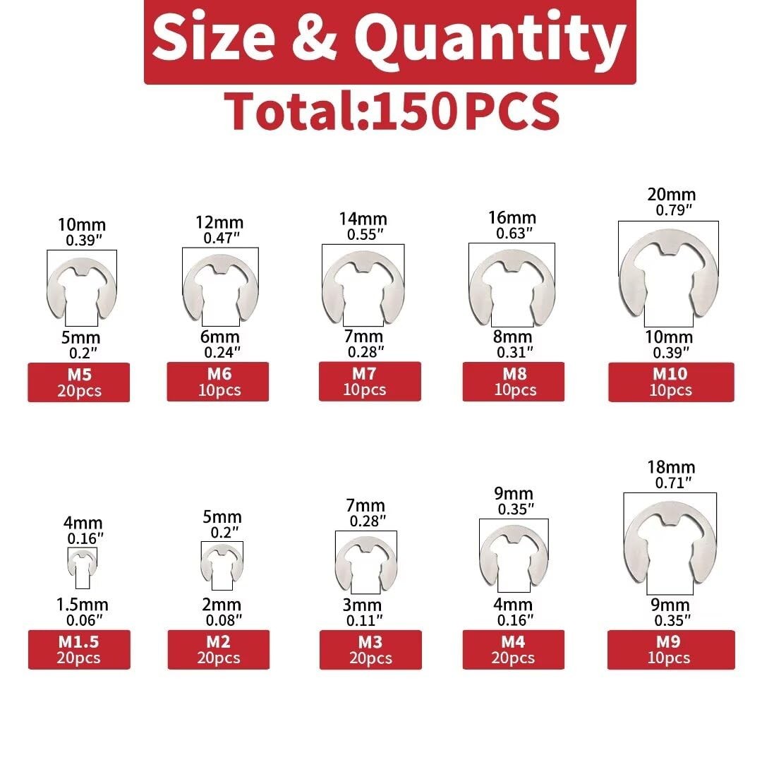E-Clip External Retaining Rings 150 PCS 304 Stainless Steel C-Clip Kit