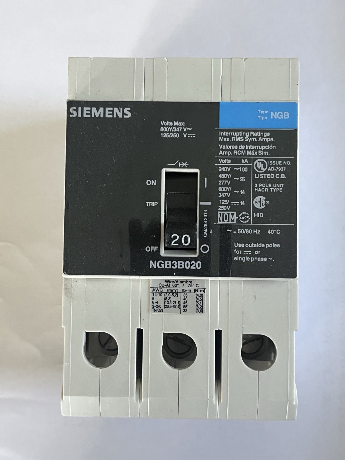 Siemens NGB3B020 3-Pole Circuit Breaker – White
