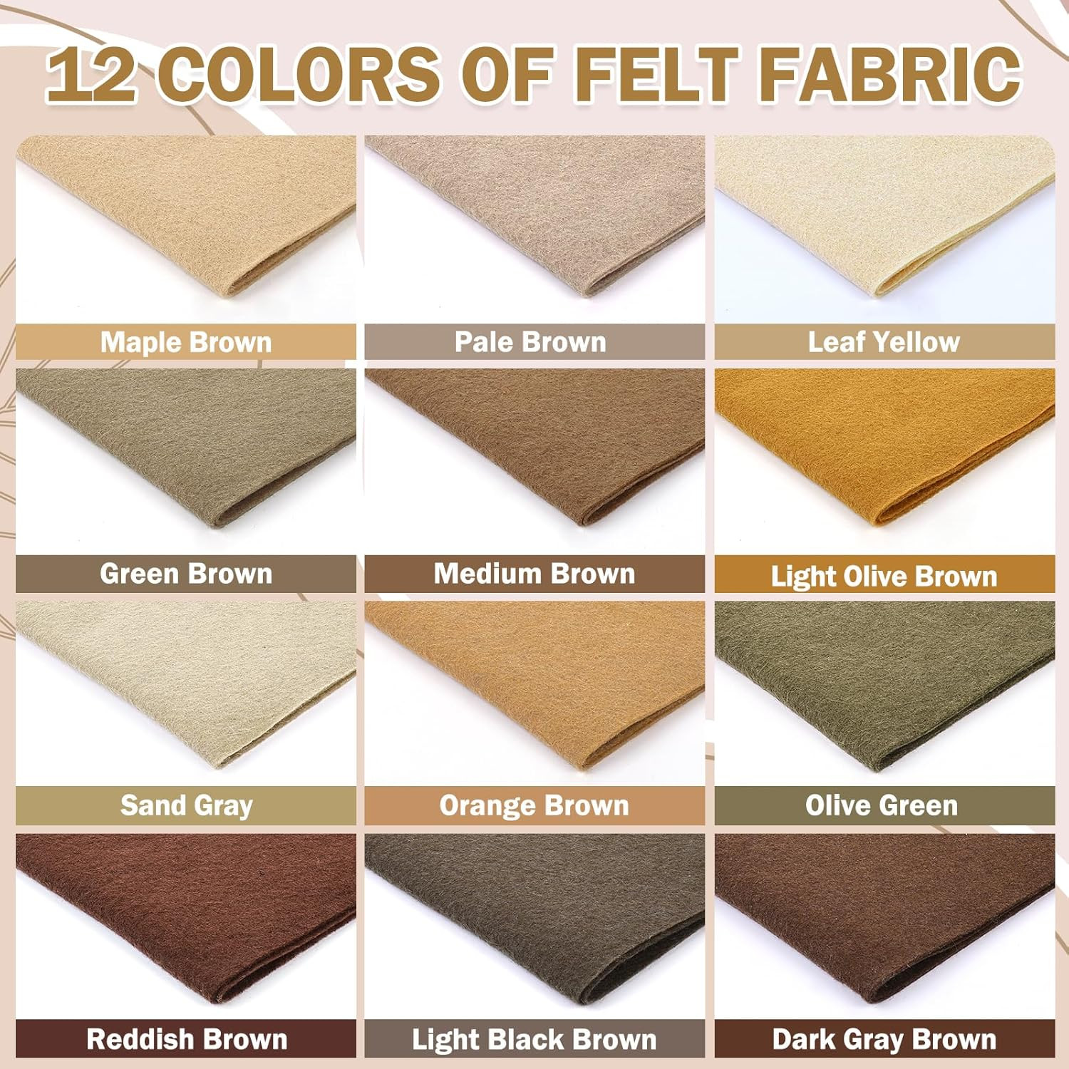 12 Rolls 8″x35″(20.5x90cm) 1.4mm Thick Soft Felt Fabric Sheet 12 Assorted Brown