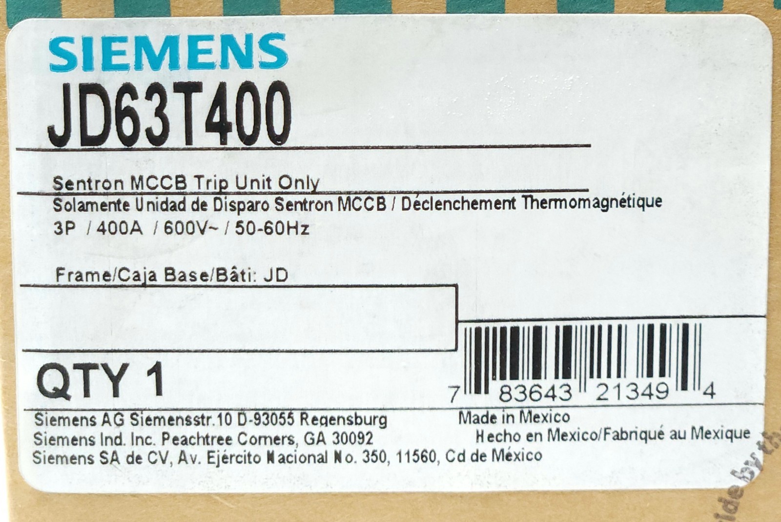 SIEMENS JD63T400 3 Pole 400 AMP Type JD LD SENTRON Breaker TRIP Unit JD6-A