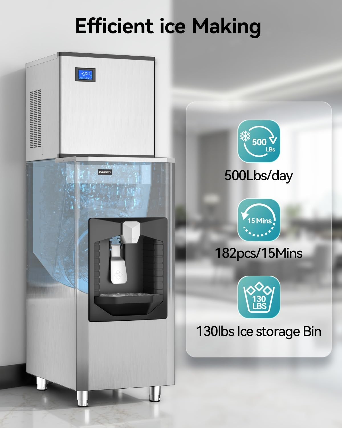 Certified 130Lbs Bin Commercial Ice Maker – Quick Ice in 10-15 Min!