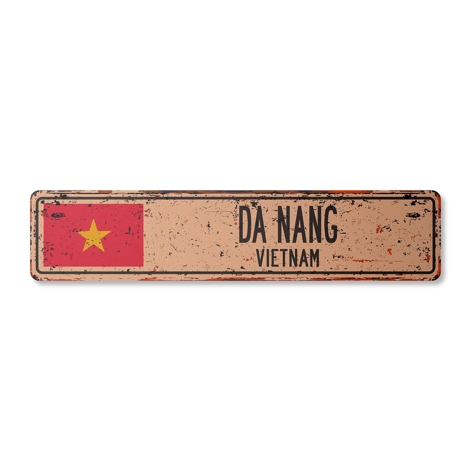 DA NANG VIETNAM Vintage Street Sign Vietnamese flag city country road rustic