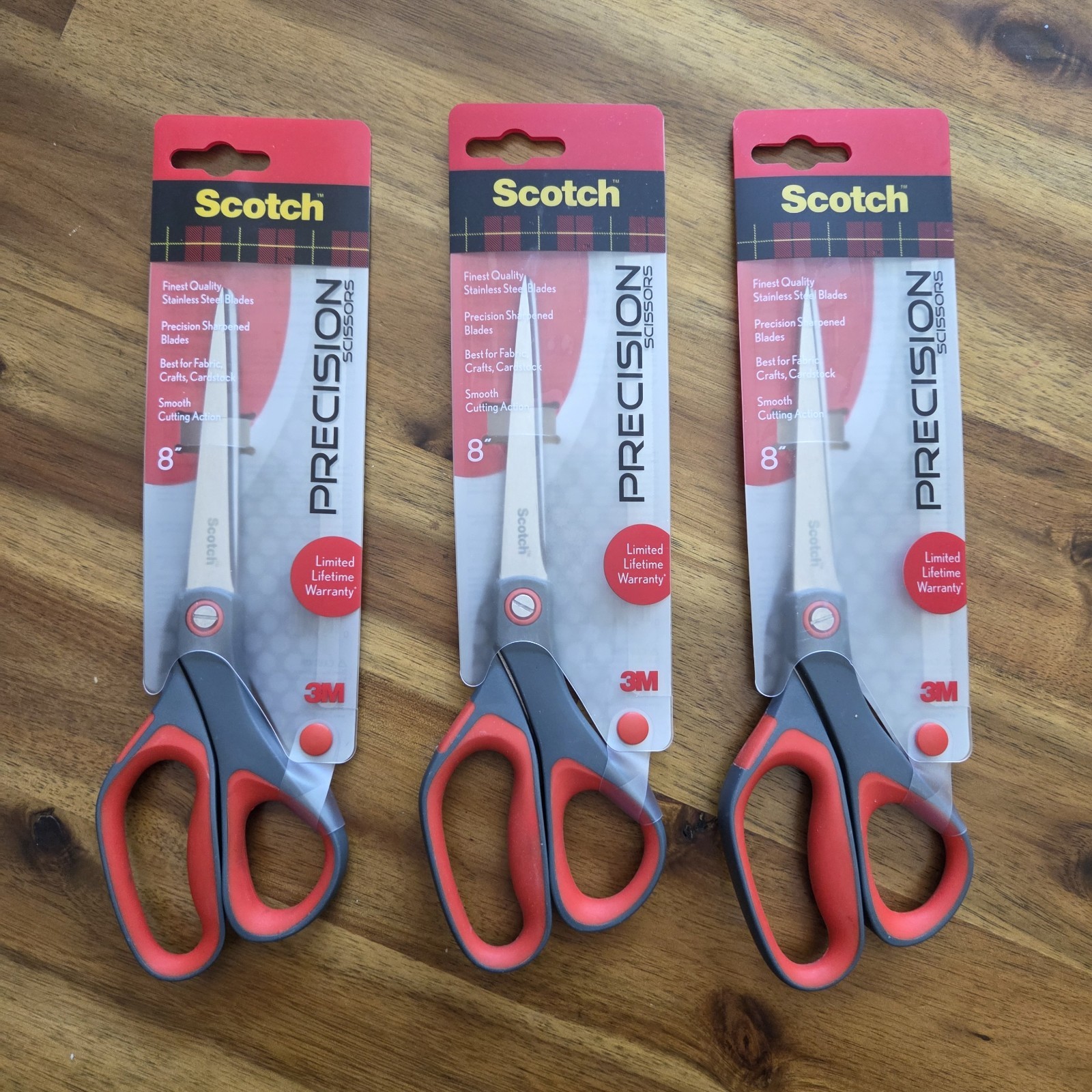 Scotch Precision Scissor 8 Inch Smooth Cut Fabric Paper 3M 1448 Gray Red, 3 Pack