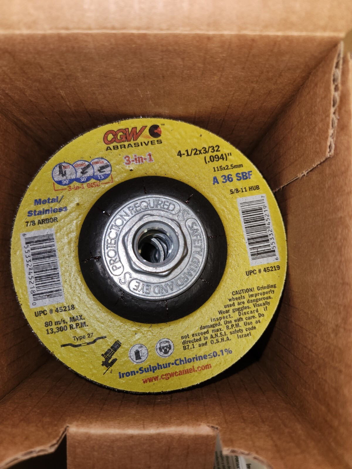 CGW Abrasives 45219 4-1/2x.094(3/32)x5/8-11 A36-S, T27-Max RPM 13,300, Box of 10