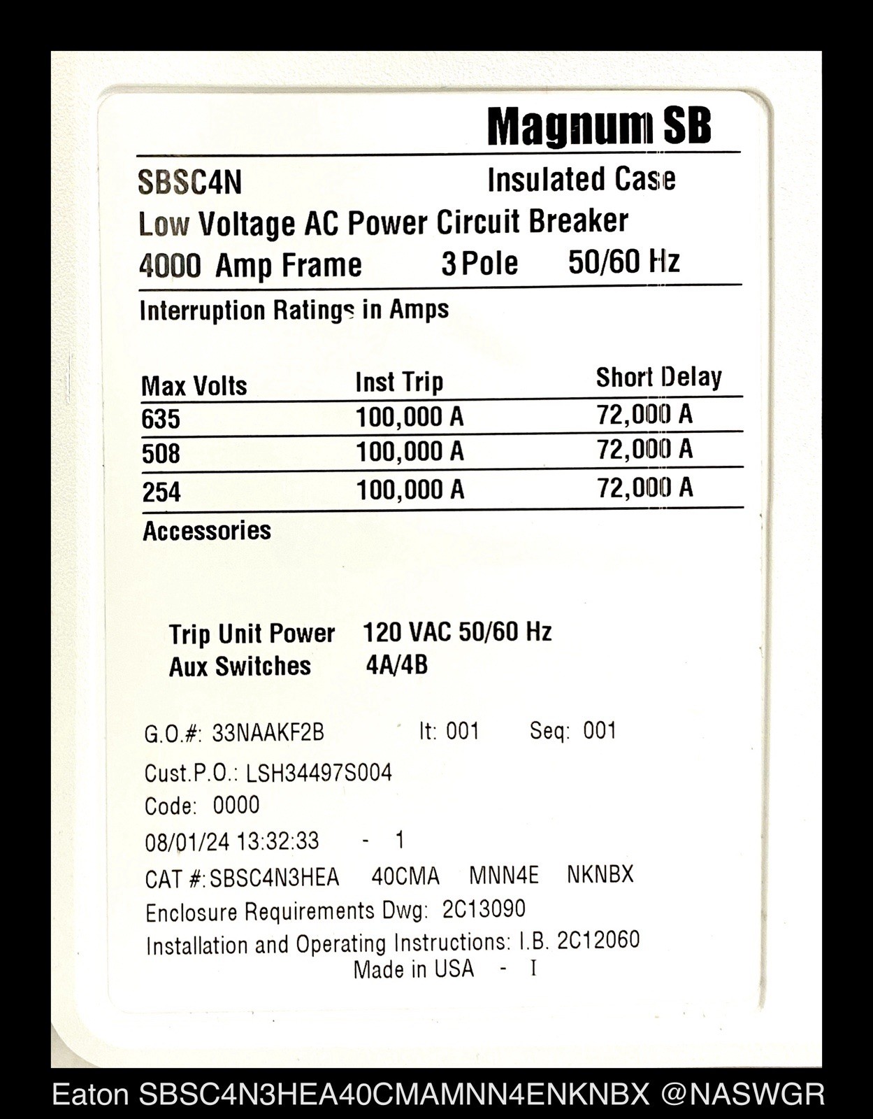 Eaton Magnum SB SBSC4N3HEA Circuit Breaker MO/BI – 4000A – Tested/1Yr Warranty