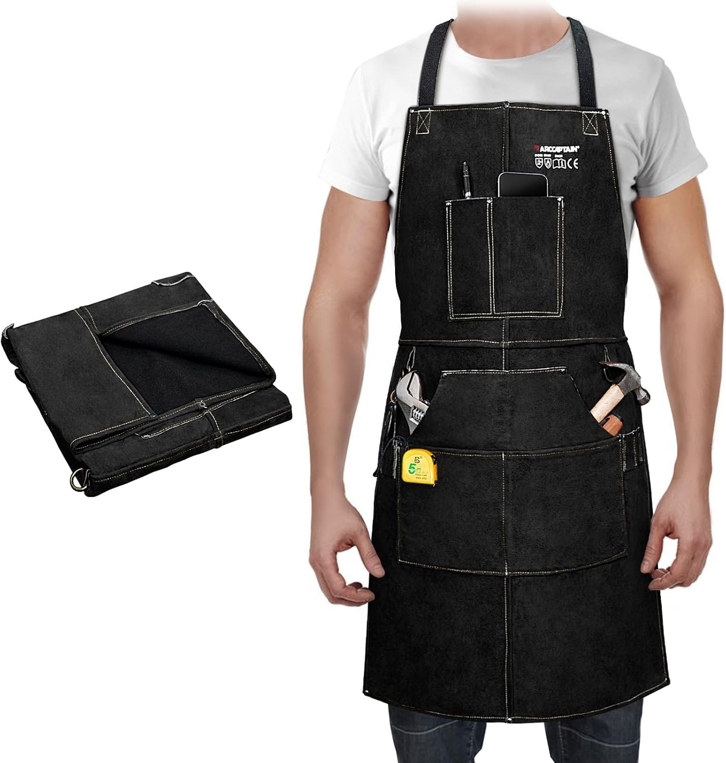2PCS ARCCAPTAIN Leather Welding Work Apron Heat Flame Resistant Cowhide 6Pockets