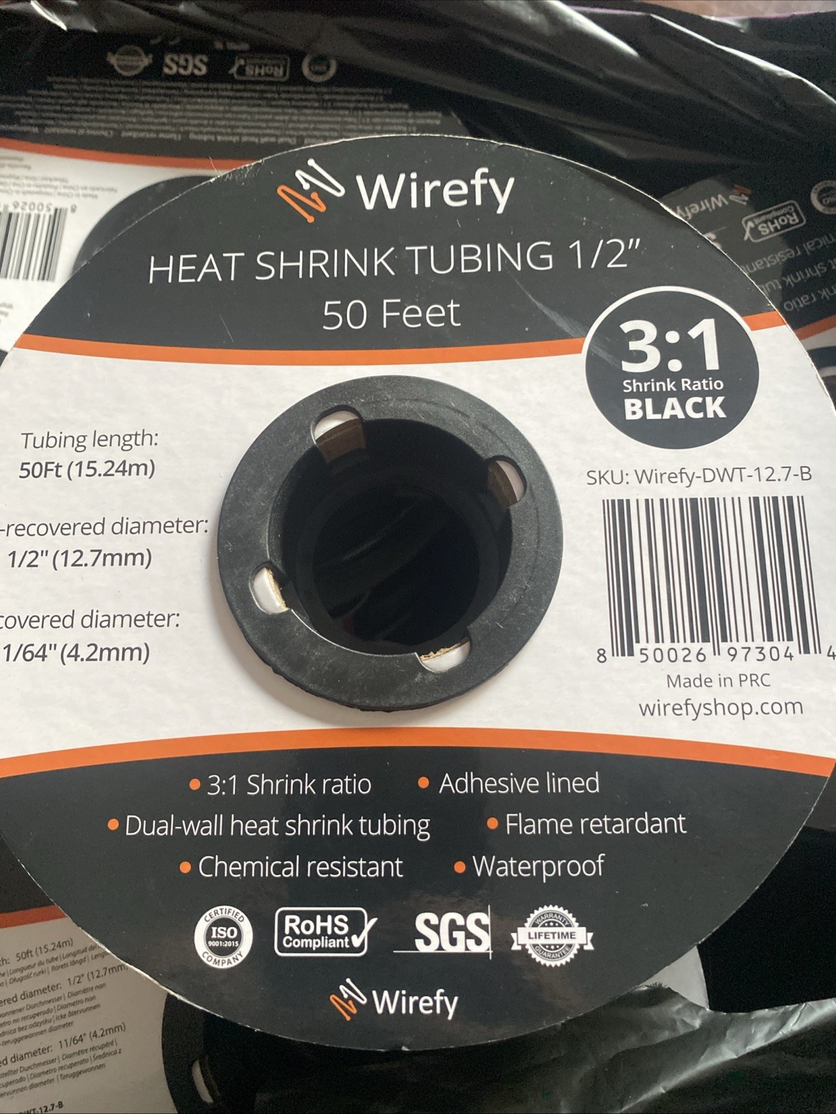 Adhesive Lined Heat Shrink Tubing 1/2″ – 50ft Black, 3:1 Ratio, Durable