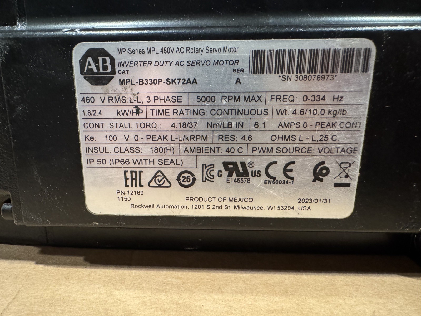 Allen Bradley MPL-B330P-SK72AA 460V 5000RPM Inverter Duty AC Servo Motor – NEW