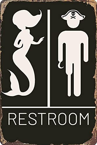 Nautical Restroom Sign – Pirate and Mermaid 12 inches x 8 inches, Vintage