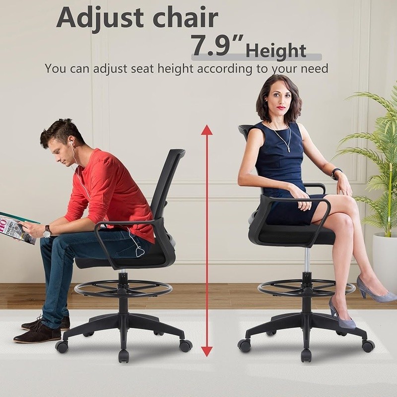 Ergonomic Drafting Chair Adjustable Height Foot Ring Mesh Back 360 Degree Swivel