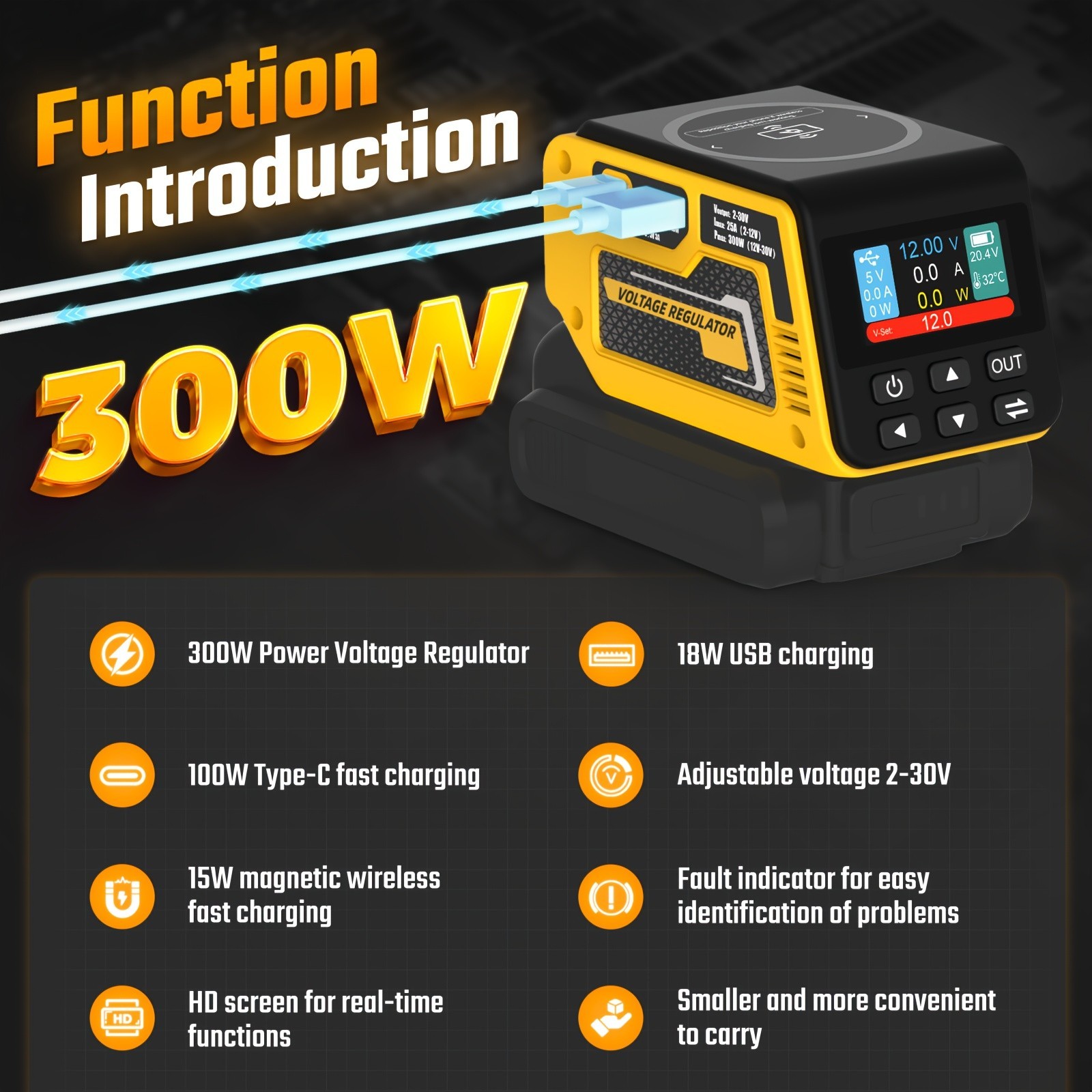 300W Power Regulator Compatible with Dewalt 20V Battery, 2-30V DC Adjustable