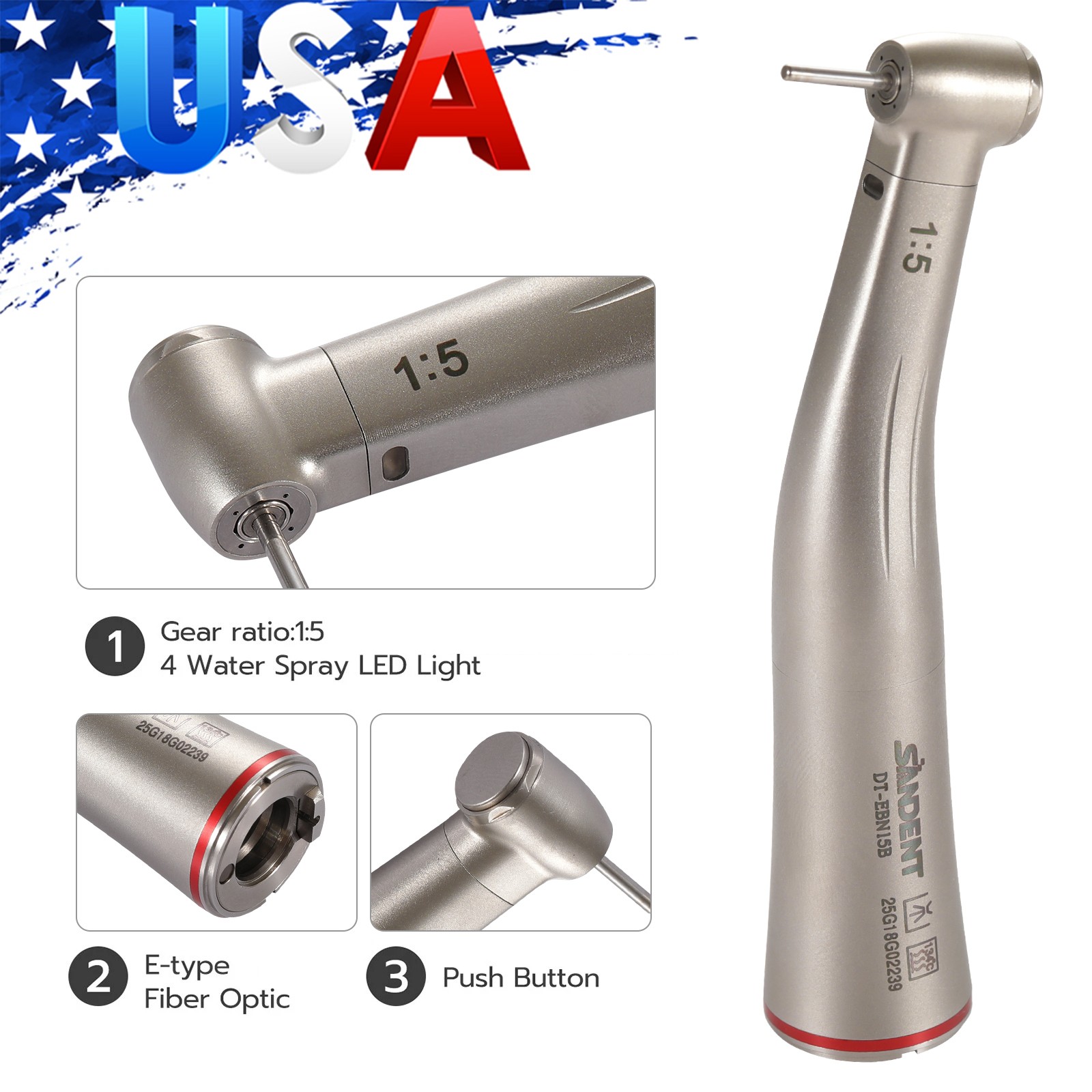 Dental 1:5 Contra Angle Fiber Optic LED Low Speed Handpiece Standard Head