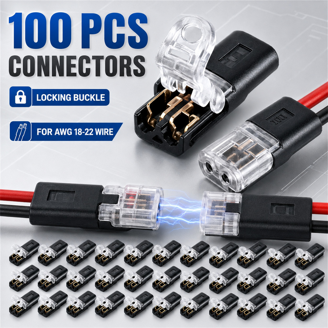 100PCS Double-Wire Plug-in Connector, Cable Clamp with Locking Buckle, AWG 18-22