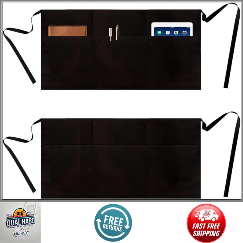 2 Pack Black Server Waist Apron 3 Pockets Short Half Waitress Waiter with Ties