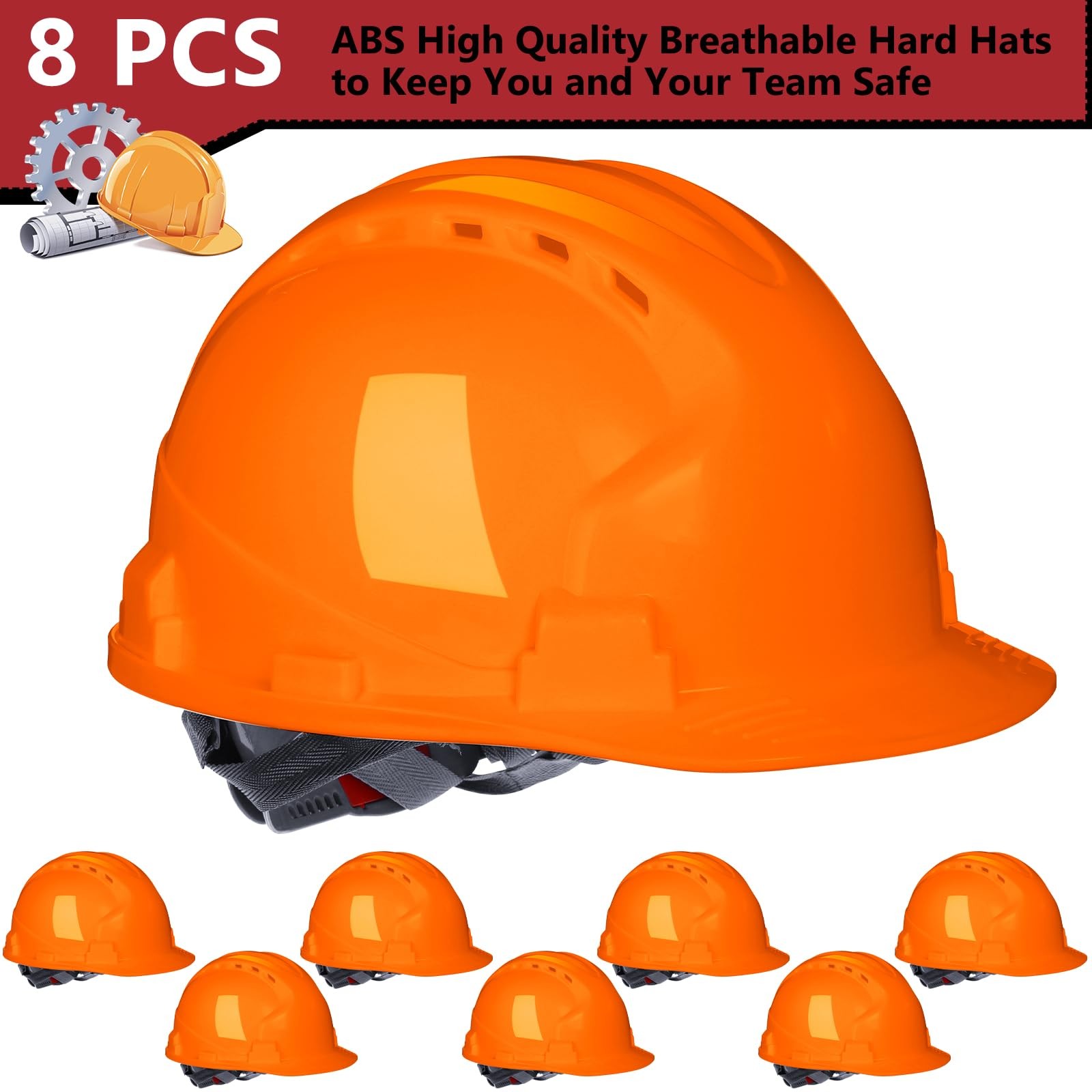 Leumoi 8 Pieces 4 Pt. Suspension Hard Hat Bulk Safety Helmets Adjustable
