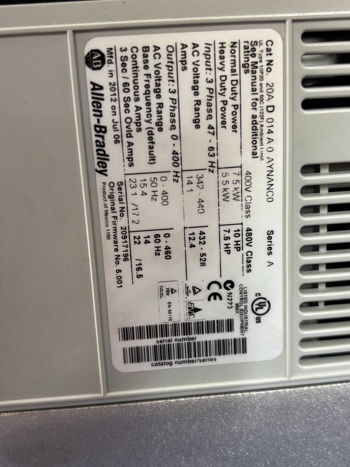 NEW 10HP 20AD014A0AYNANC0 ALLEN BRADLEY Powerflex 70 AC DRIVE MFG 2012 Tested