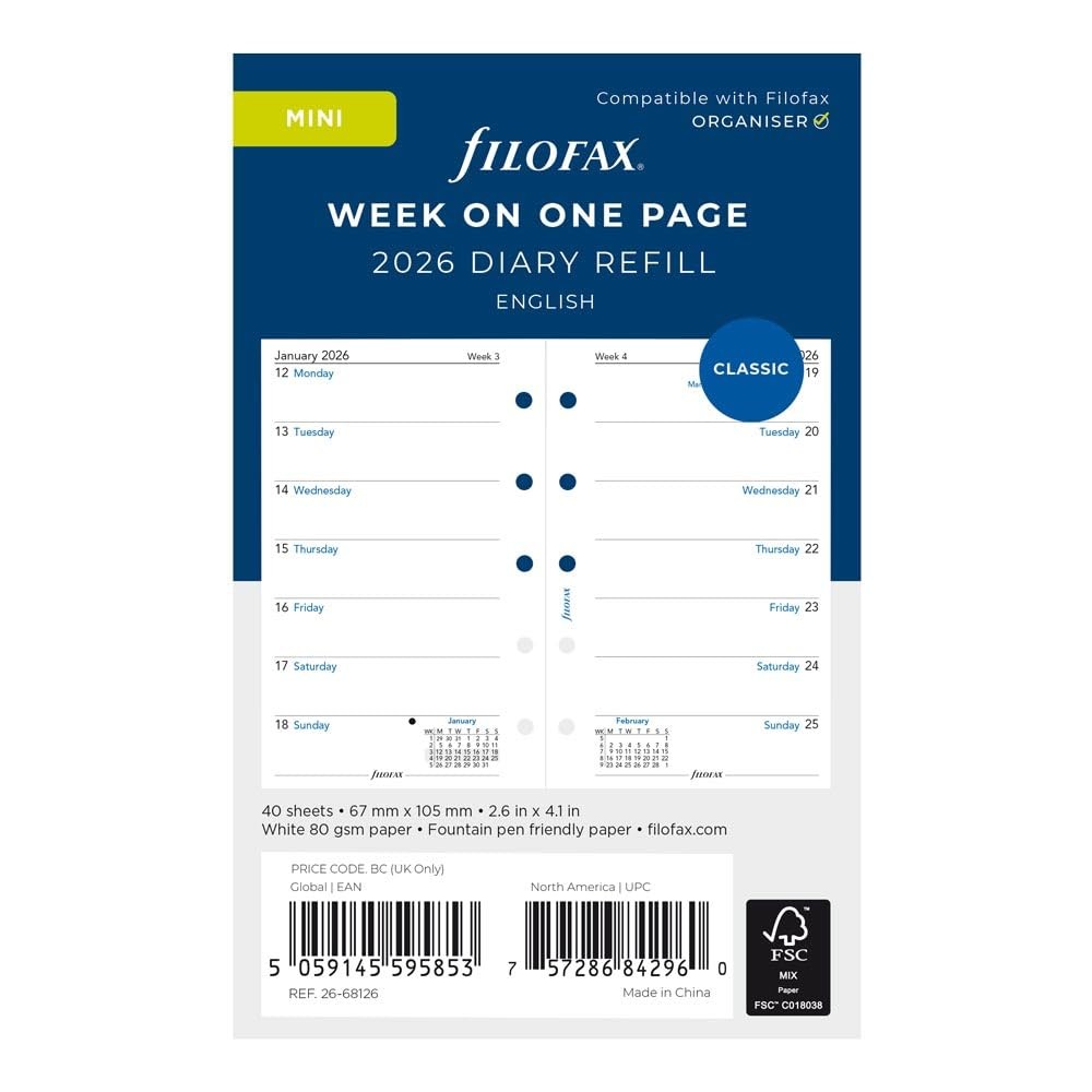 Mini Size Calendar Diary Refill Week On One Page White Paper 2026 C6812626
