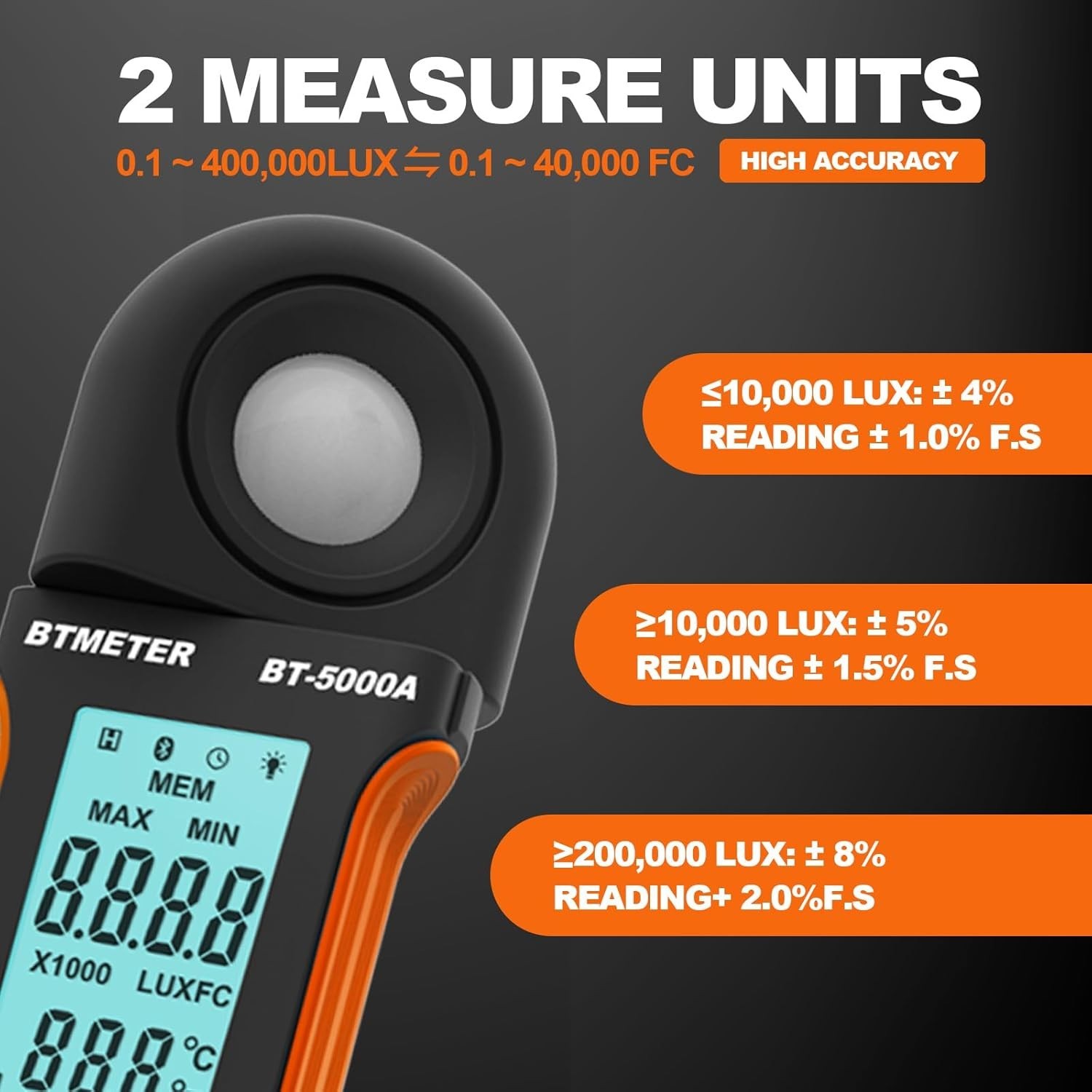 Light Lux Meter Logger BT-5000A Digital Lumen Tester Measure Lighting Level I…