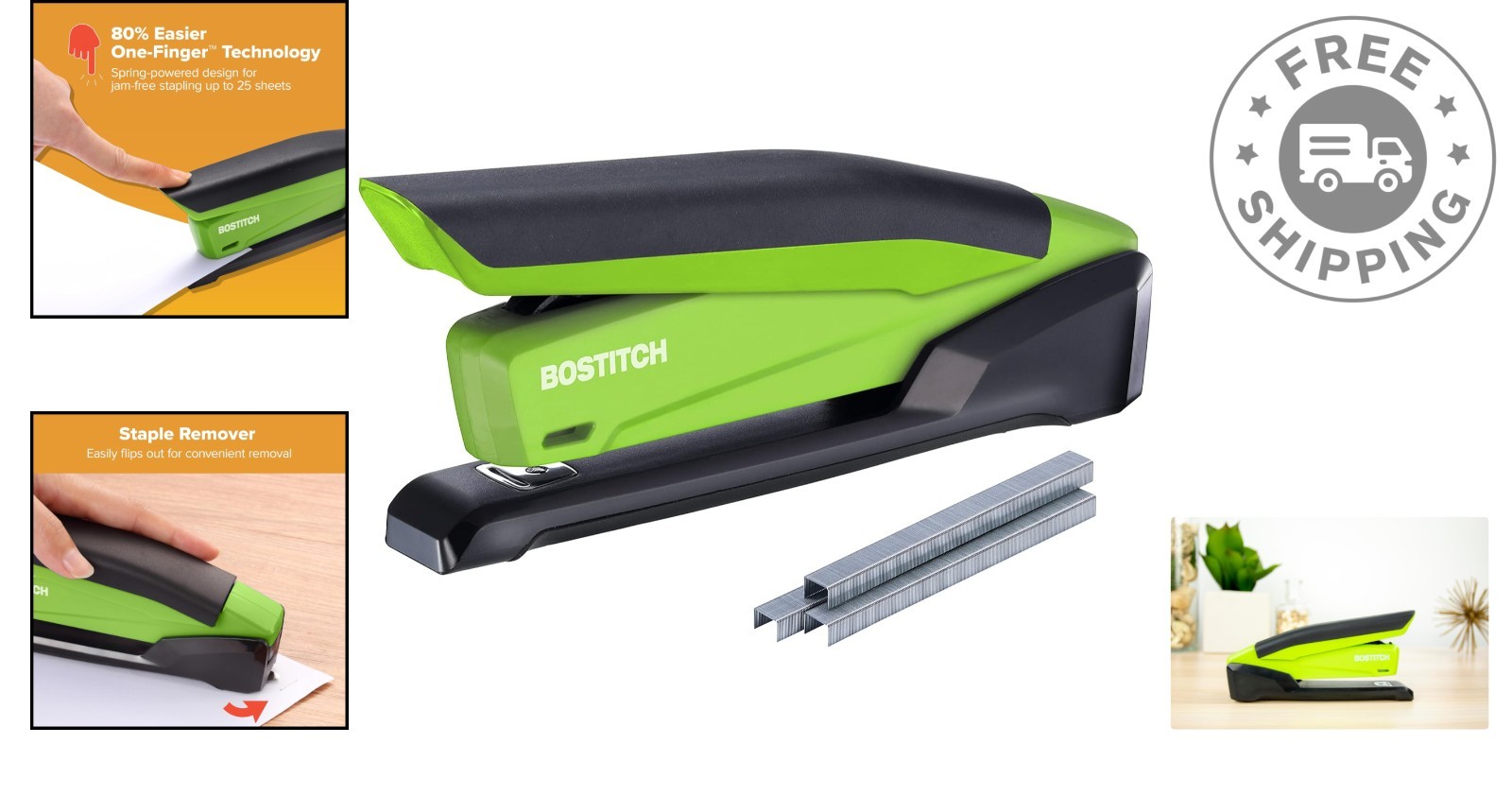 Bostitch InPower Jam-Free Stapler – One Finger, 20 Sheet Capacity, Green