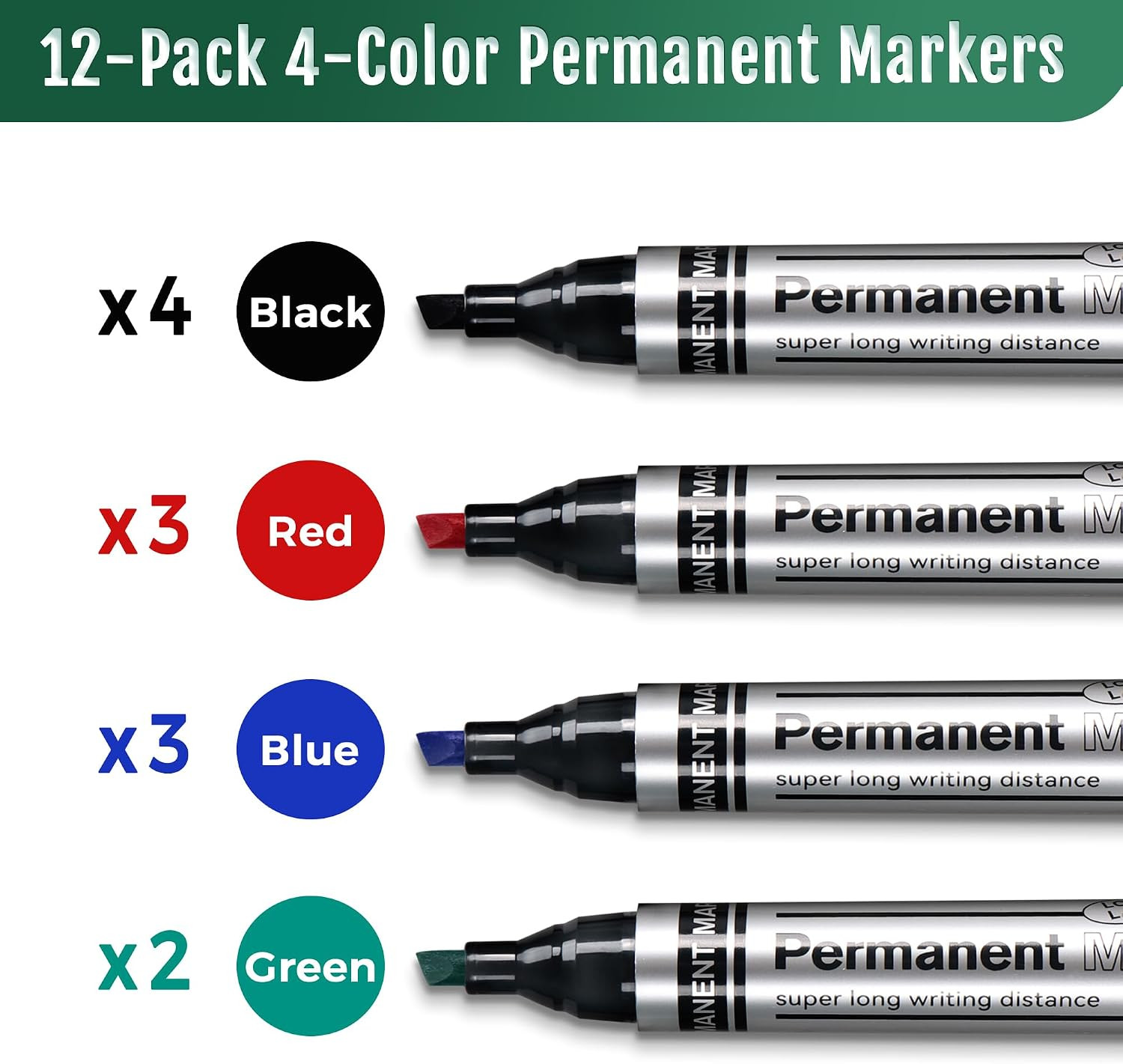 Large Permanent Markers Black Red Blue Green – 12 Pack Chisel Tip Waterproof Qui