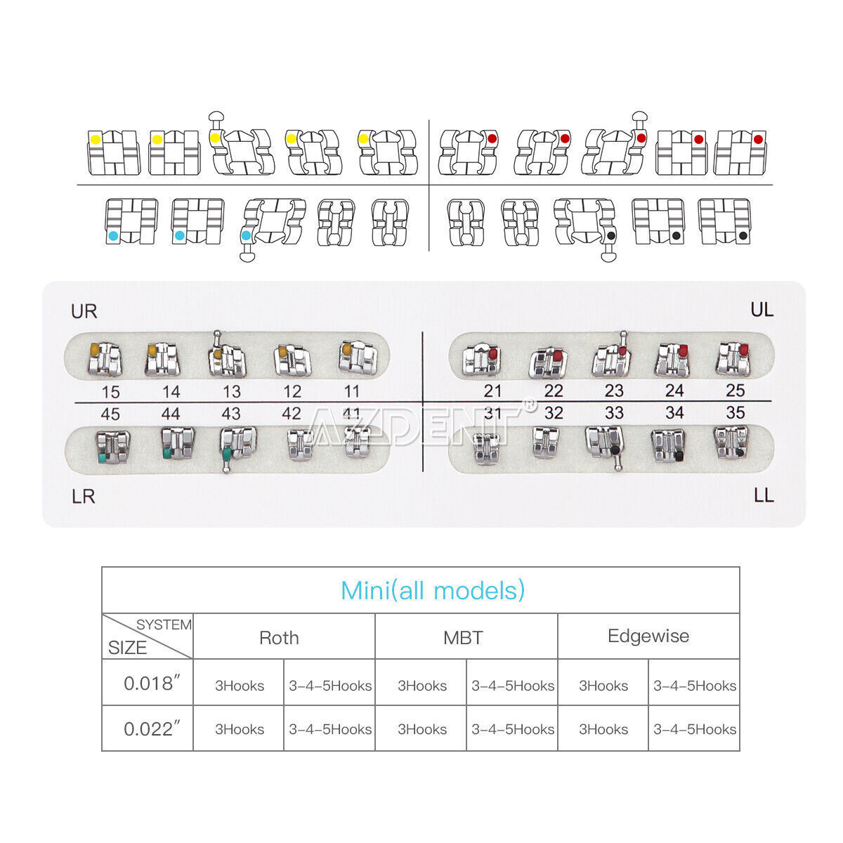 10X Dental Stent ortodóntico oral Metal Mini/Standard MBT/Roth.022 Hooks 345