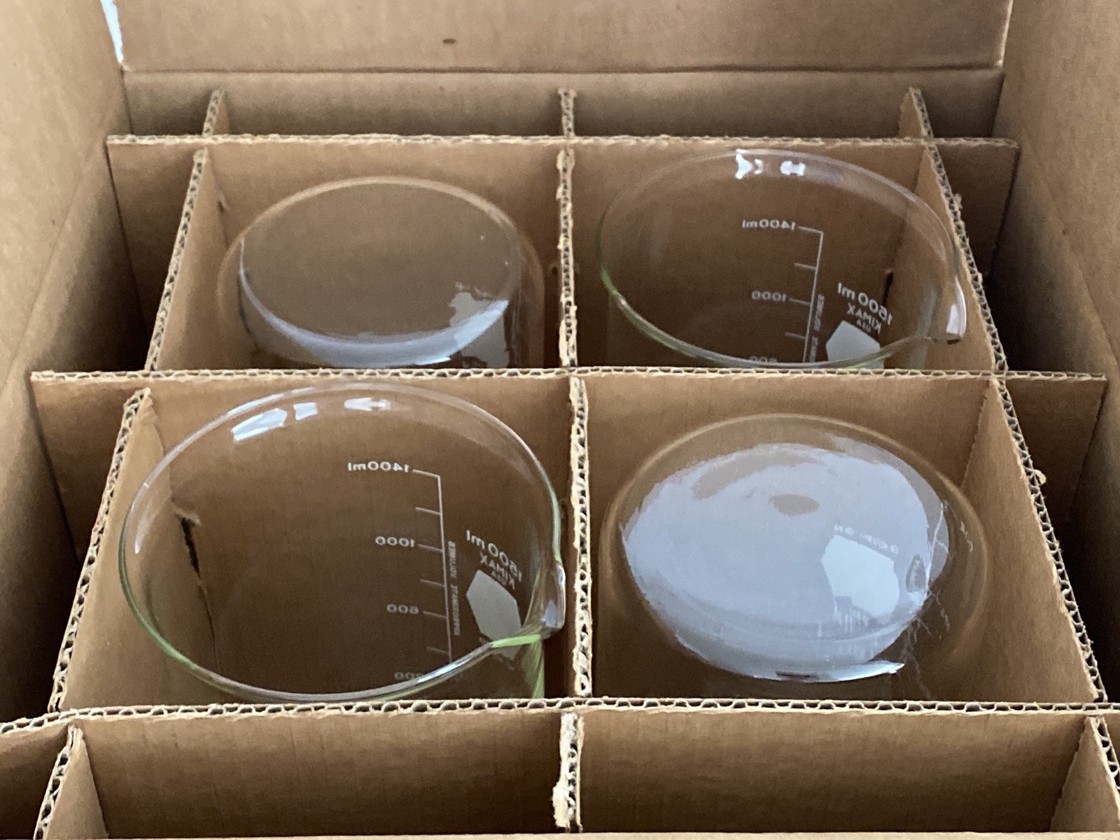New (4/Pk) KIMAX Glass 1500mL Single Scale Graduated Griffin Beakers 14000-1500