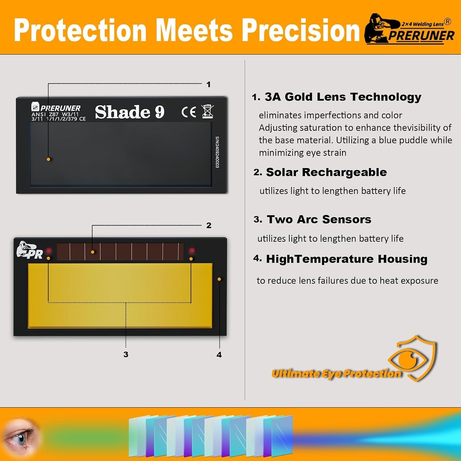 Gold Auto-Darkening Welding Lens 2″ x 4.25″, Slim Design for Enhanced Visibility
