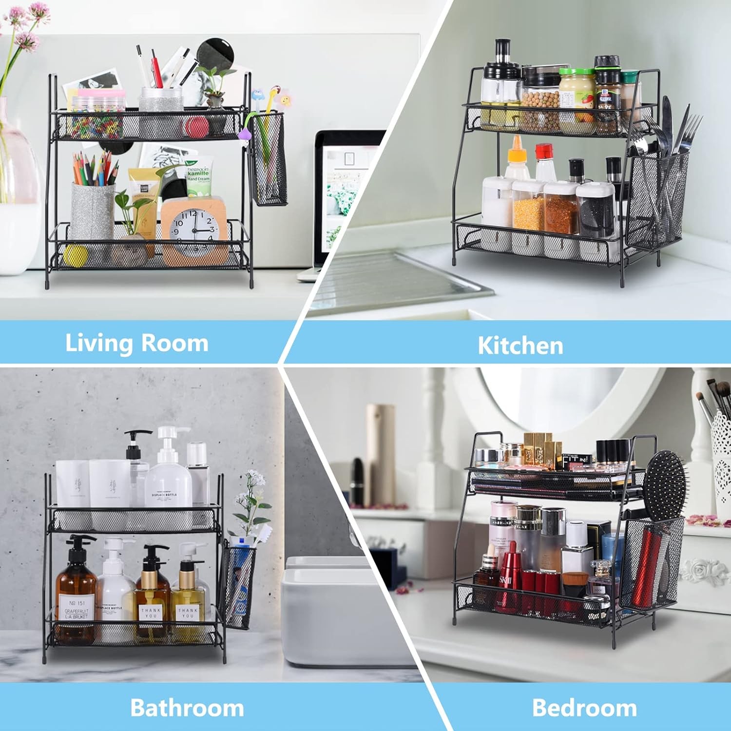 Two-tier countertop organizer with small storage basket