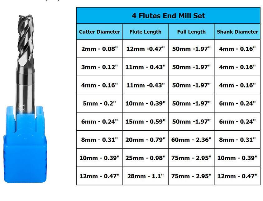 8pcs 4Flutes Tungsten Carbide End Mill Set Milling Cutter Tool 2mm-12mm HRC50