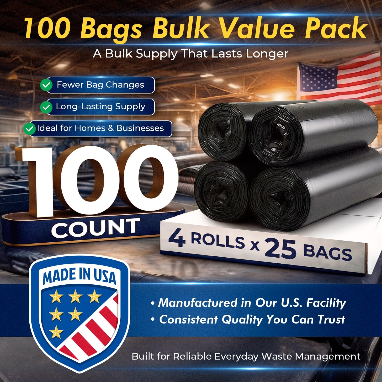 Delxo 30-33 Gallon Trash Bags, 1.2 Mil 1 Count (Pack of 100), Black
