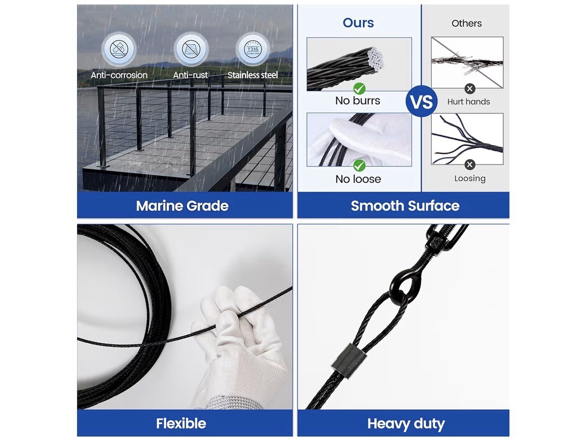 Muzata 1200 ft 1/8″ Black Stainless Steel Cable Railing System Hardware T316 New