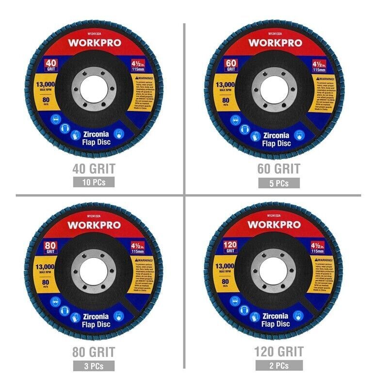 WORKPRO 20Pk Flap Discs 4-1/2-inch Arbor Size 7/8-inch Include 40/60/80/120 Grit