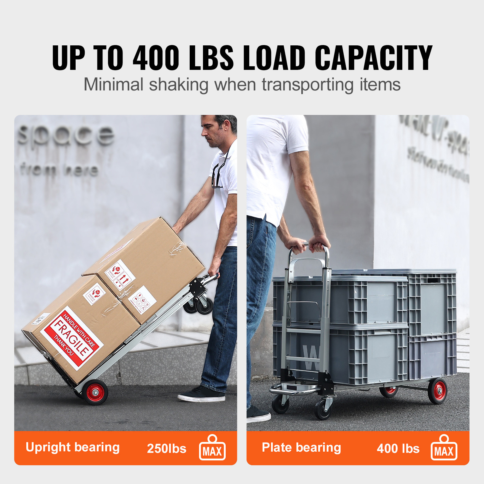 VEVOR Aluminum Hand Truck 2 in 1 Folding Dolly Cart 400 lbs Capacity Heavy Duty